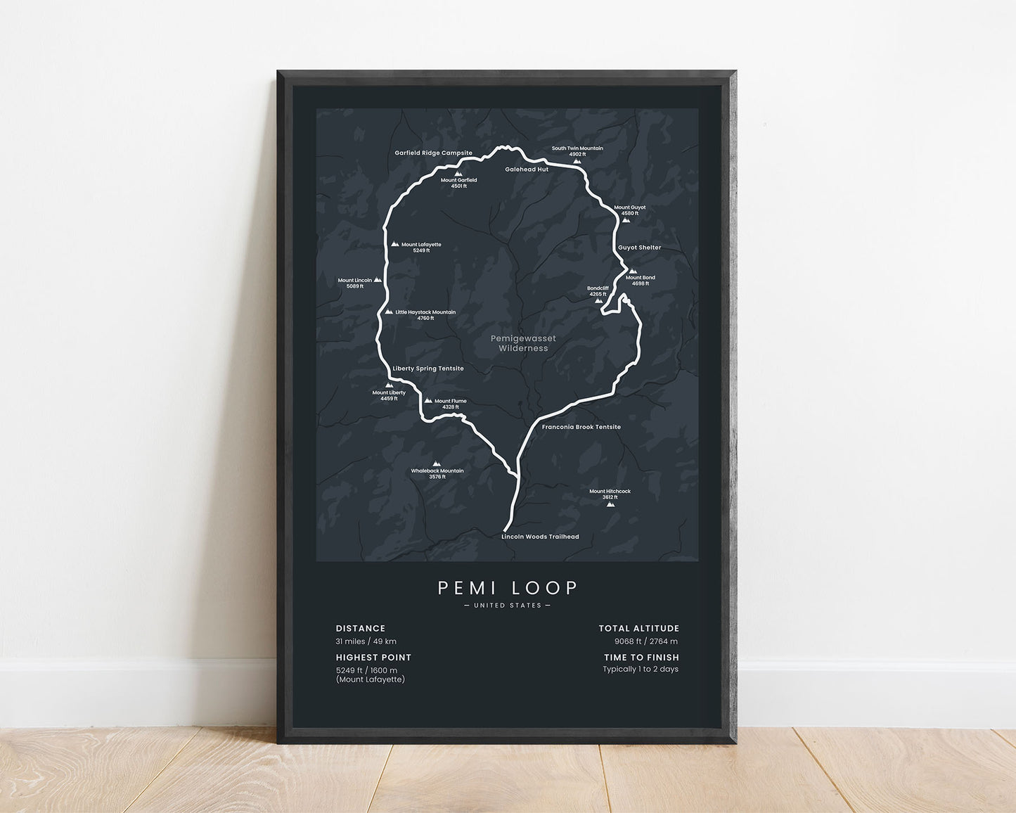 Pemi Loop (New Hampshire) Path Wall Art with black background