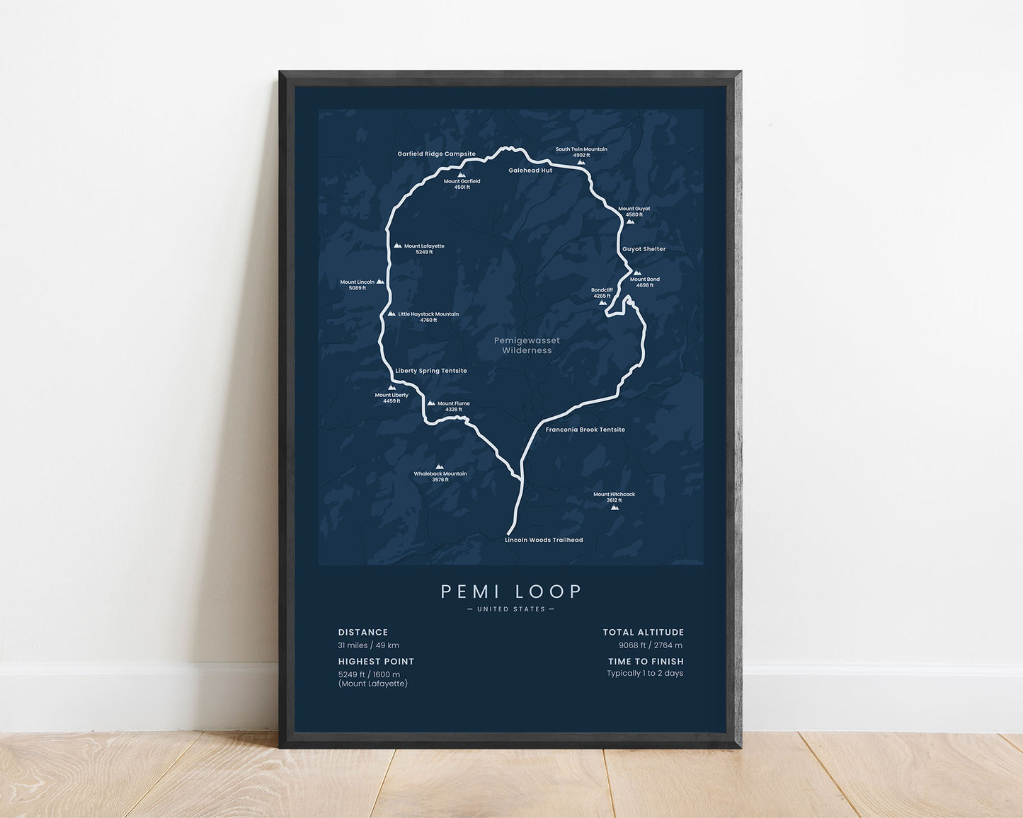 Pemigewasset Loop (White Mountains) Trek Wall Map with blue background