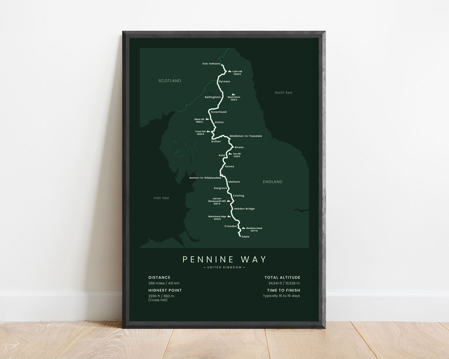 Pennine Way (Scotland) Hike Map Art with Green Background