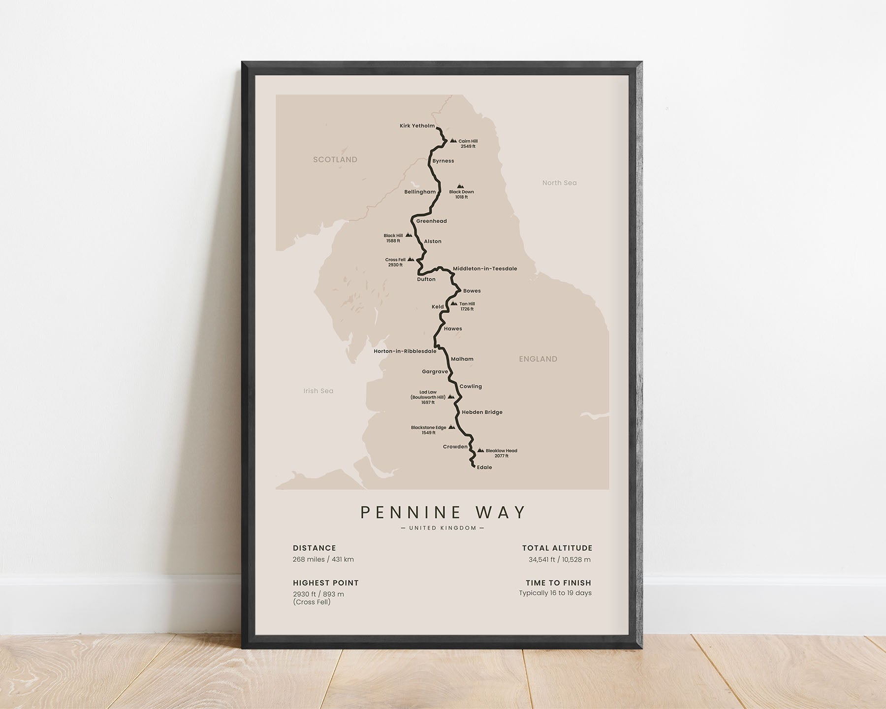 Pennine Way (Edale to Kirk Yetholm, Scotland) trail wall map with beige background