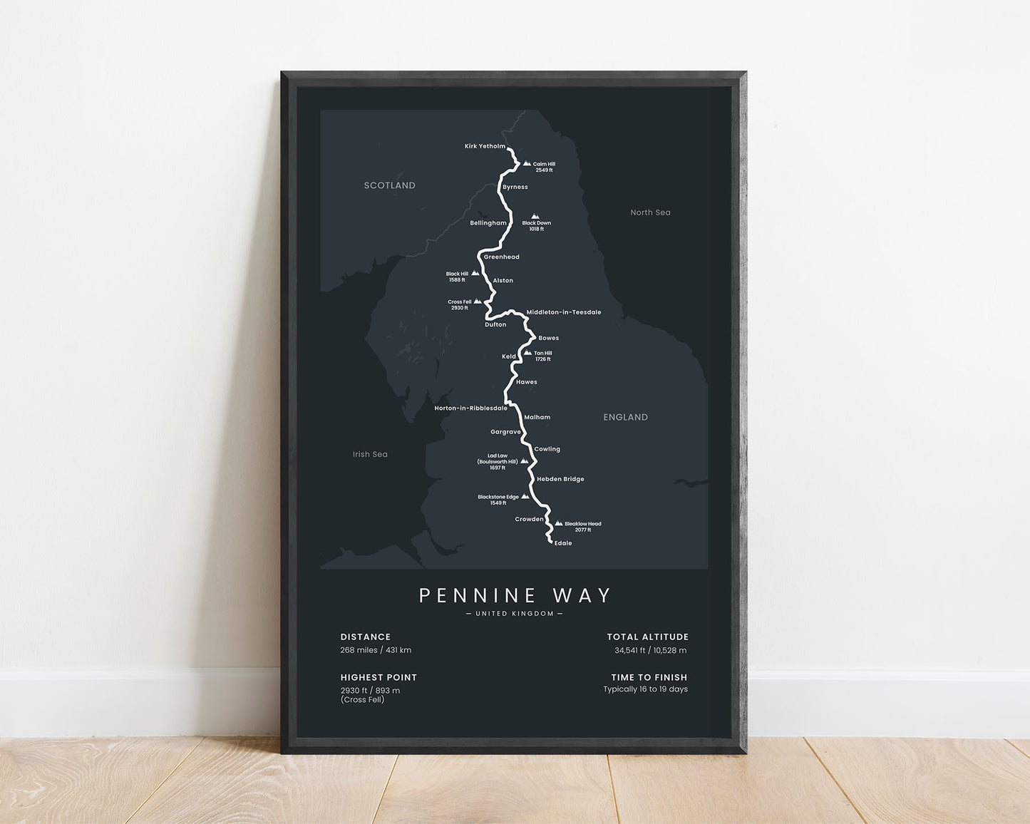 Pennine Way (Peak District) path print with black background