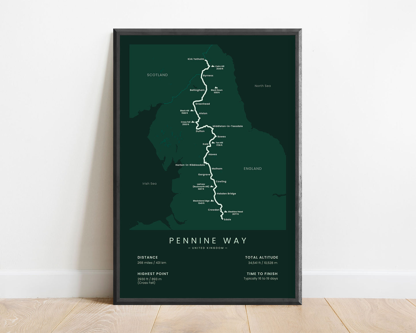Pennine Way (pennines mountains) trek poster with green background