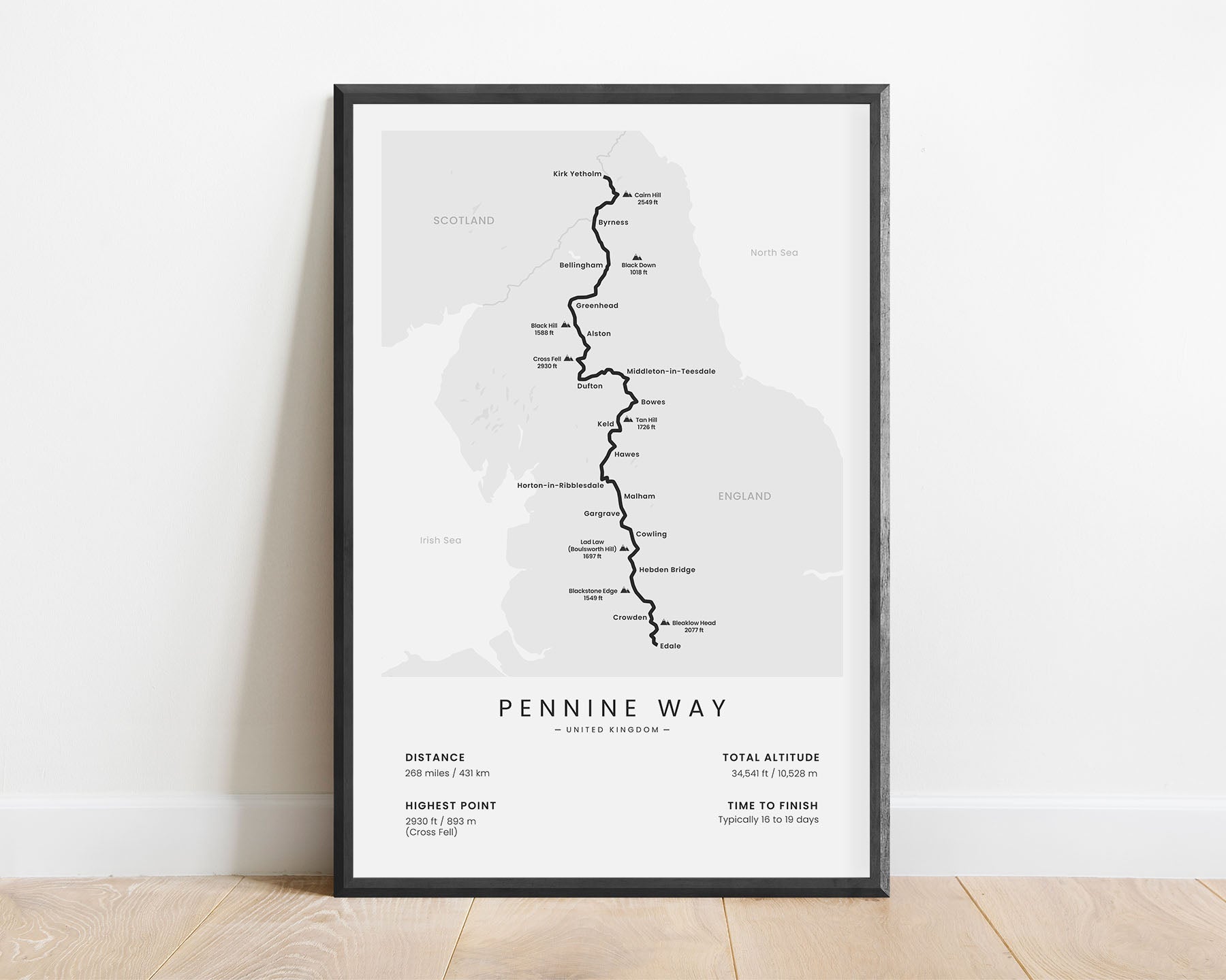 Pennine Way (Egland, United Kingdom) thru hike map art with white background
