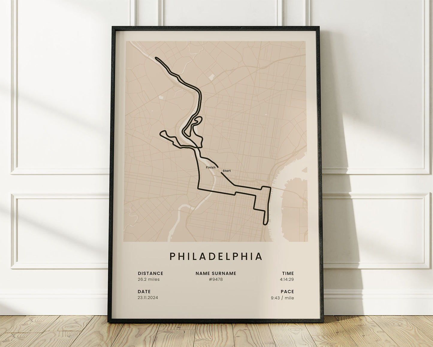 Philadelphia Marathon (Schuylkill River) Running Map Art with Beige Background