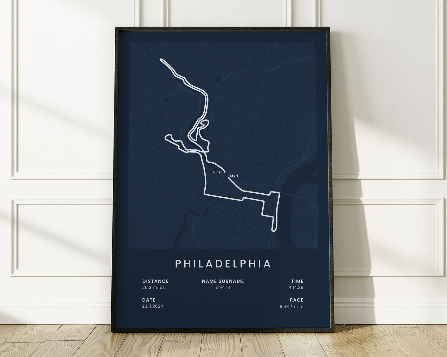 Philadelphia Marathon (United States) Run Wall Map with Blue Background