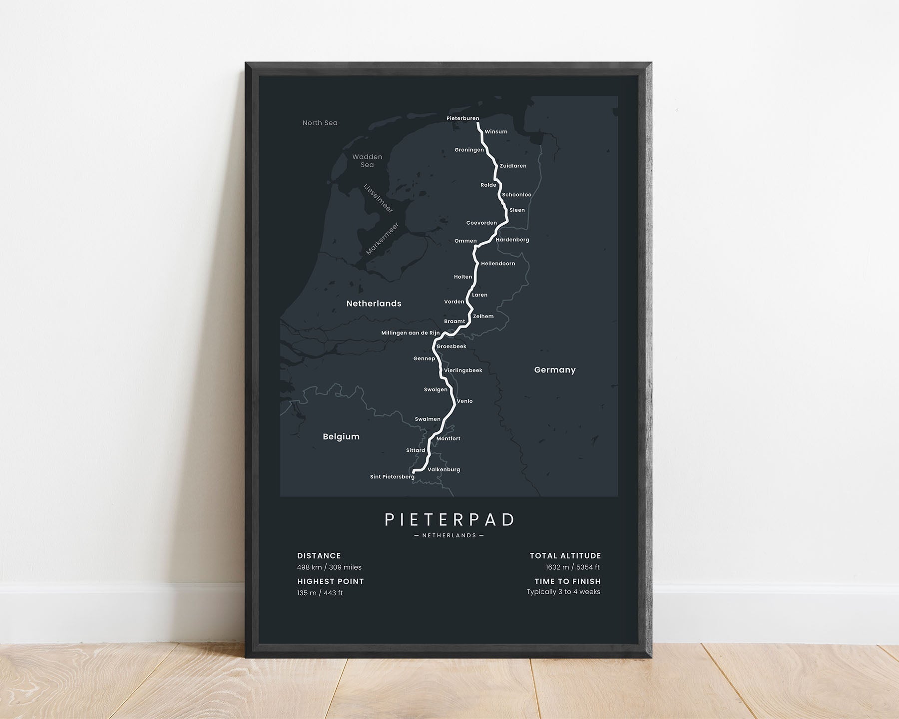 Pieterpad (Mount Saint Peter) trek map art with black background