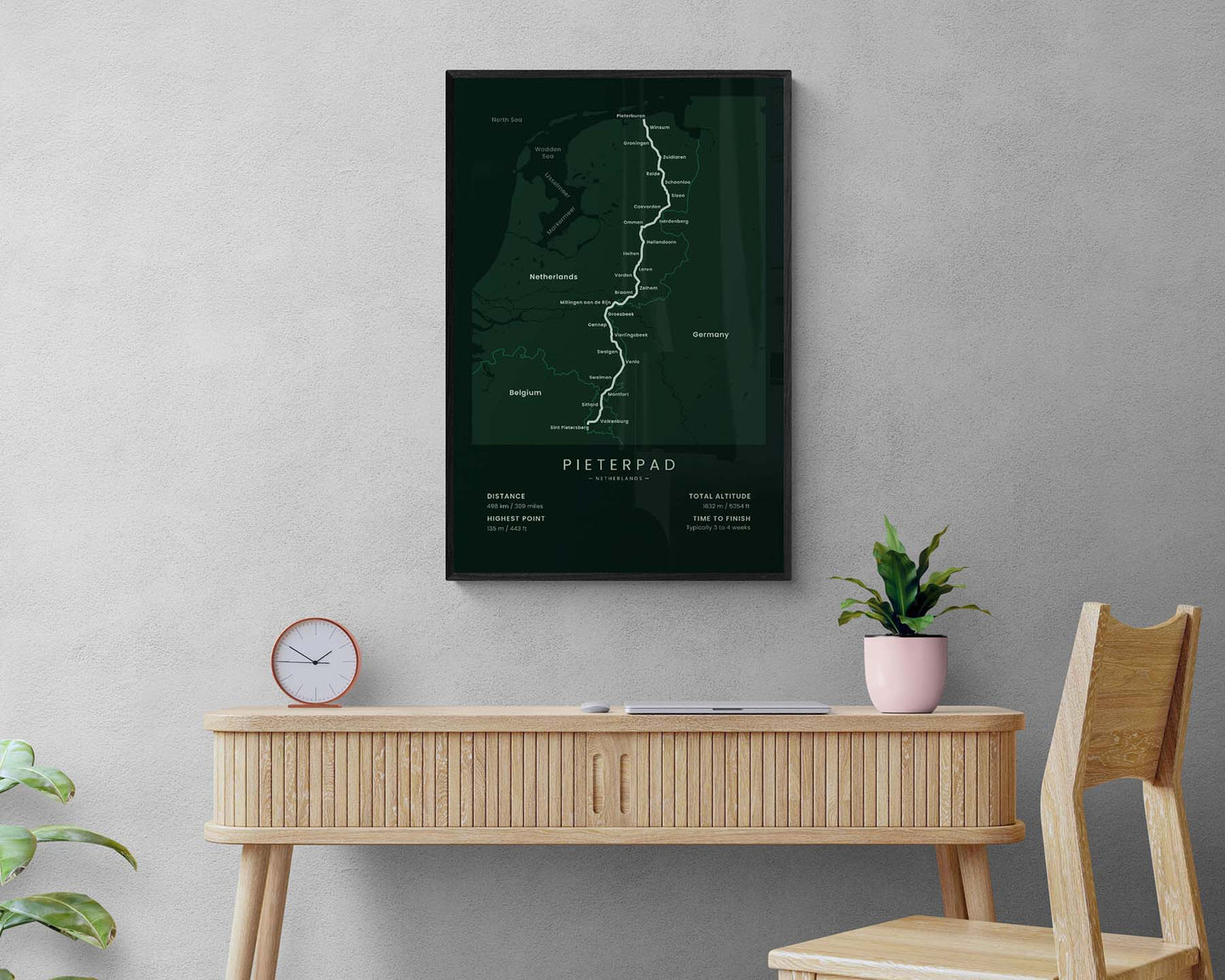 Pieterpad (the Netherlands) thru hike wall map in minimal room decor