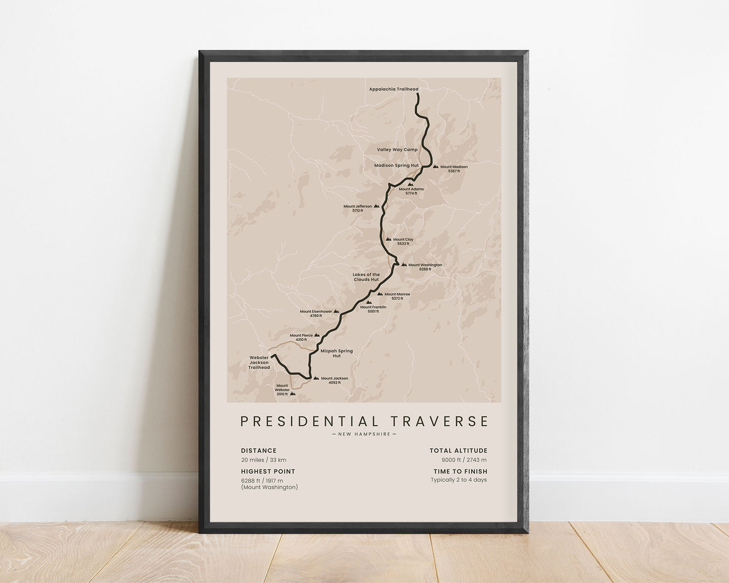 Presidential Traverse (Mount Washington) Path Wall Map with Beige Background