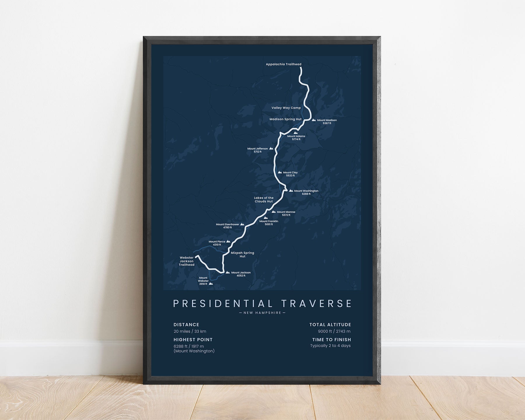 Presidential Traverse (Mount Jefferson) Route Map Art with Blue Background