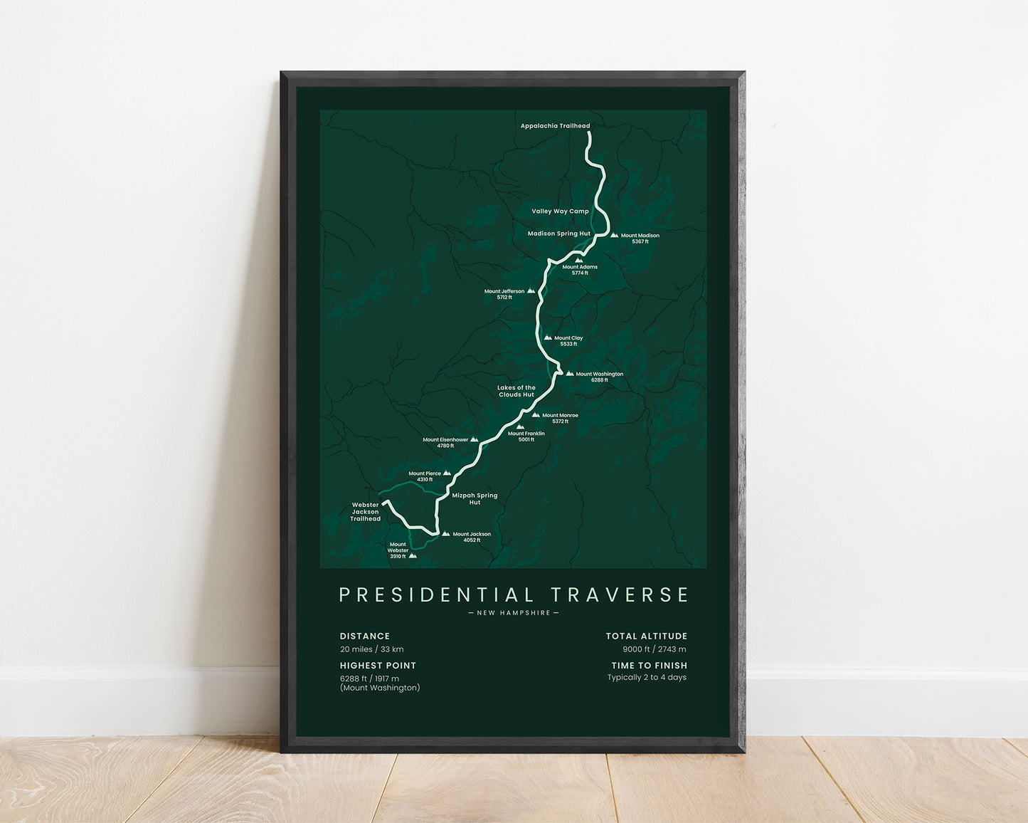 Presidential Traverse (Appalachian Trail) Track Poster with Green Background