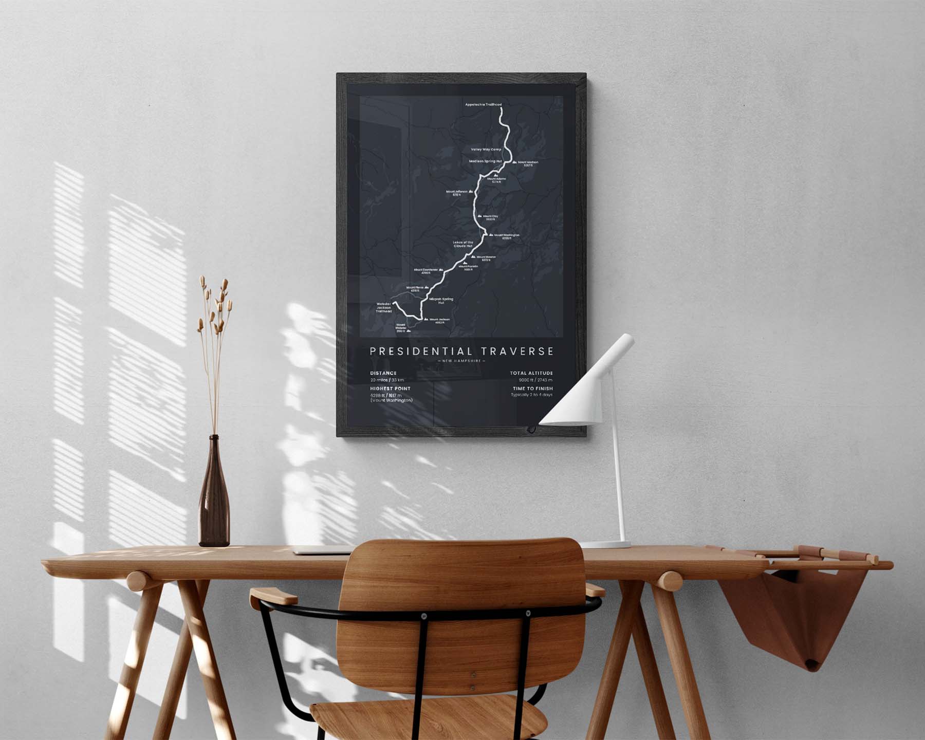 Presidential Traverse (United States) Hike Map Art in Minimal Room Decor