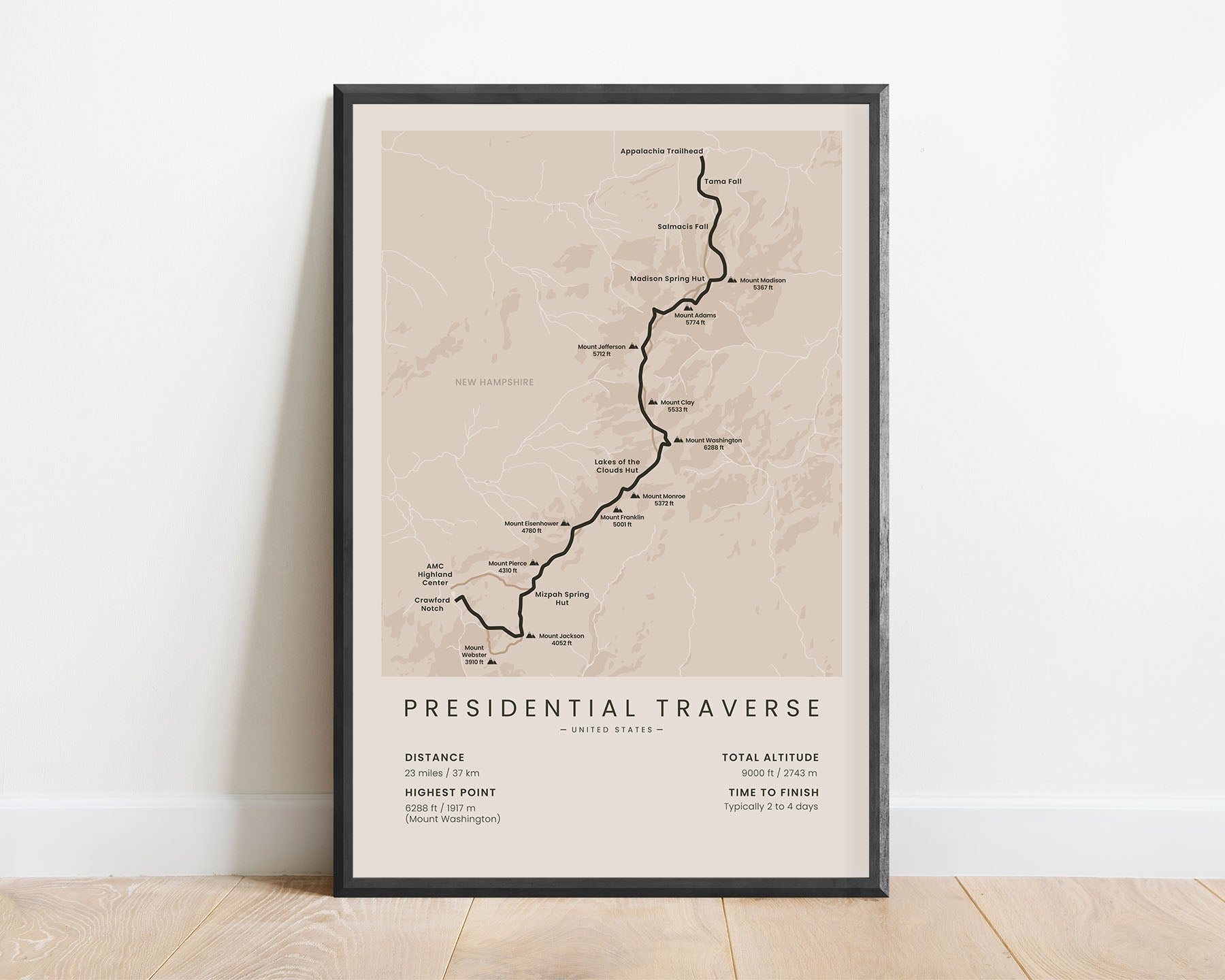 Presidental Traverse (appalachian trail) trek map art with beig background