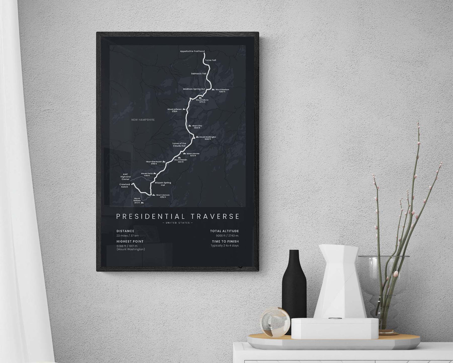 Presidental Traverse (Mount Washington, Mount Jefferson) path wall art with black background in modern room decor