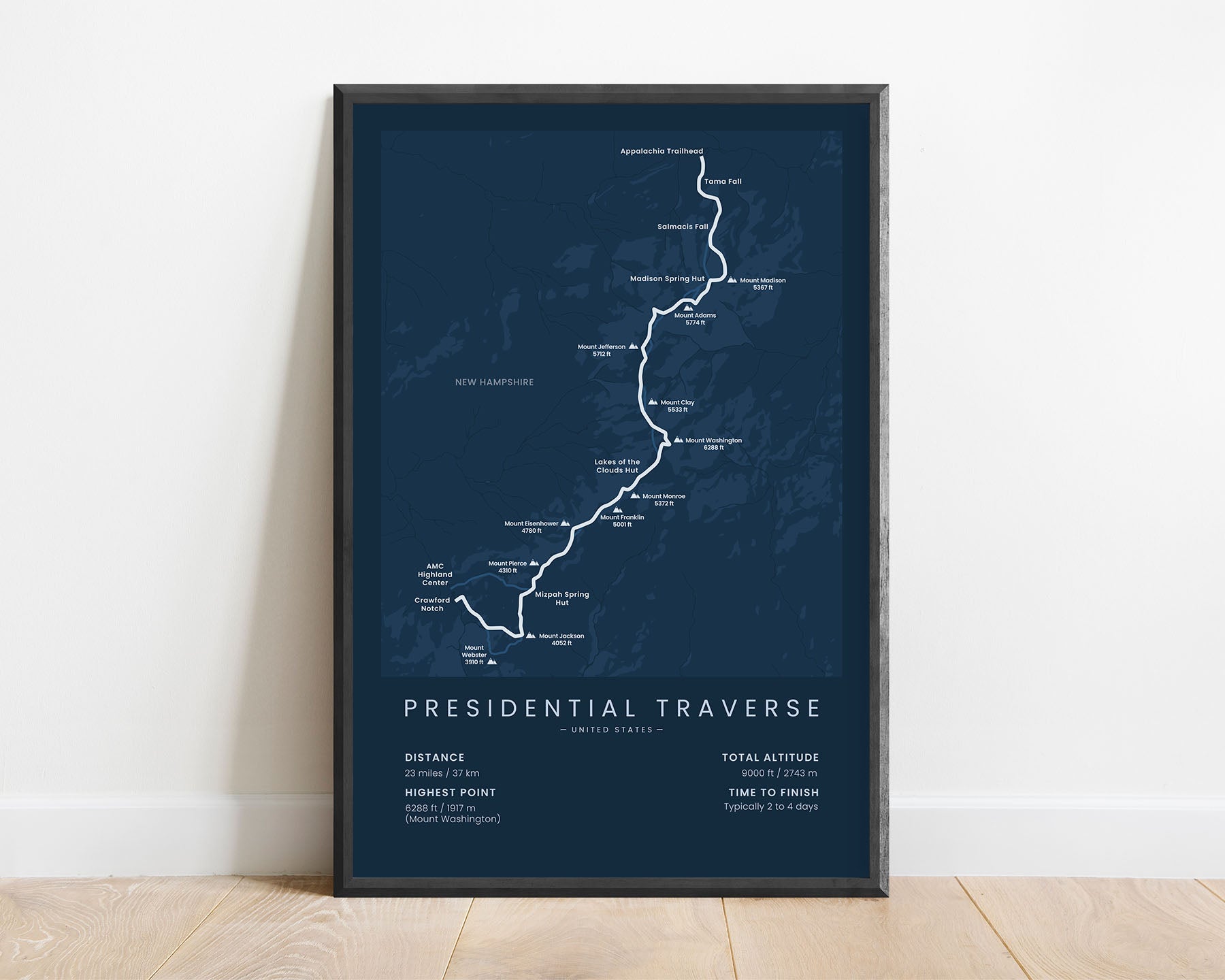 Presidental Traverse (Mount Washington) trail wall map with blue background