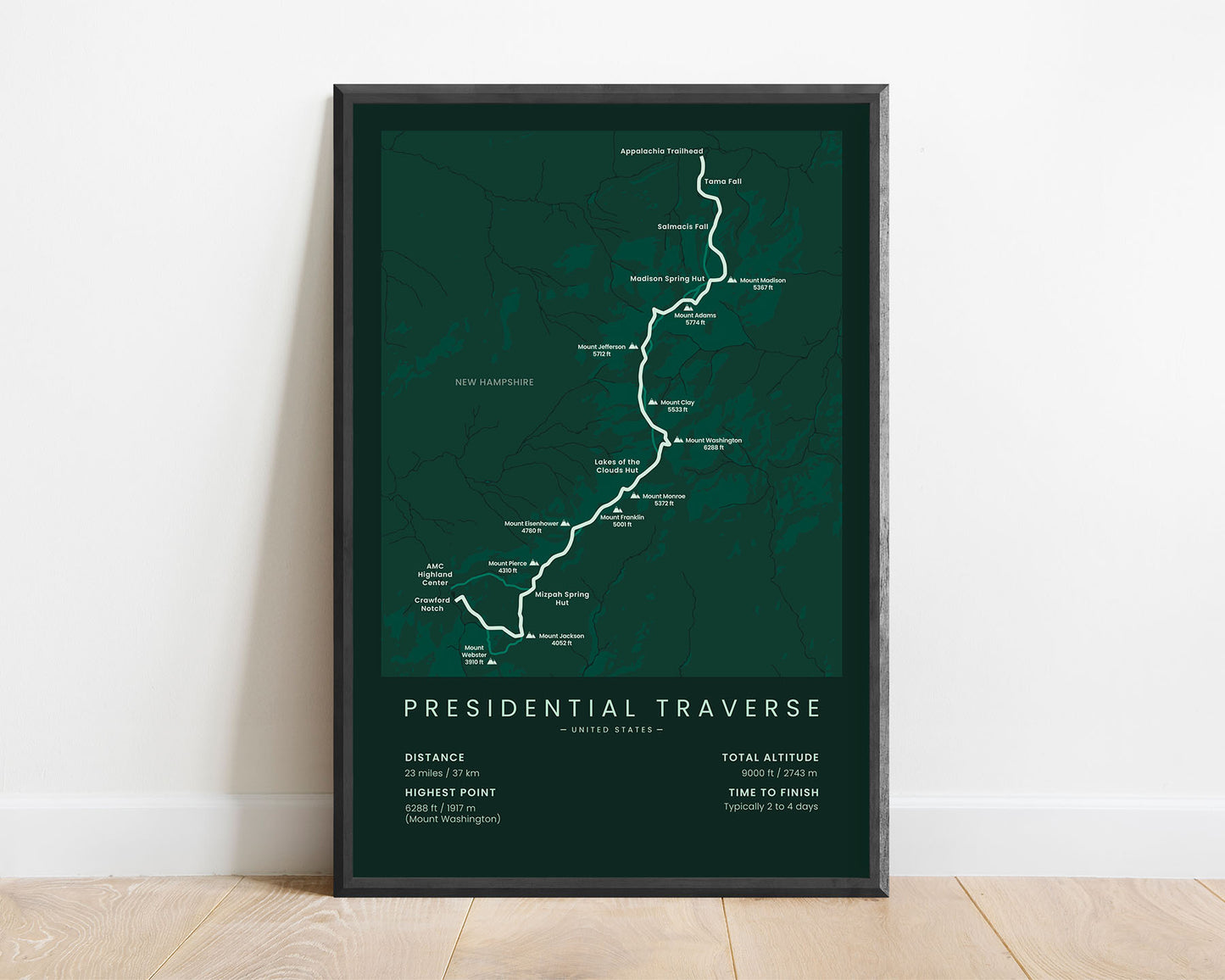 Presidental Traverse (New Hampshire) hike art with green background