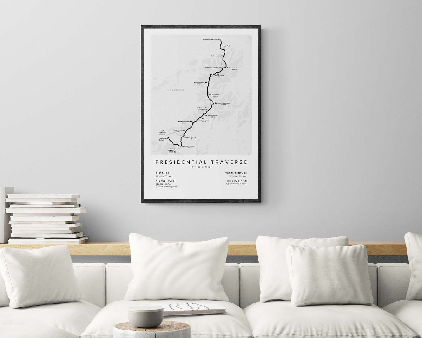 Presidental Traverse (united states) trail map poster with white background in modern room decor