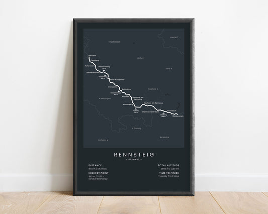 Rennsteig Trail (Thuringian Highland) route poster with black background