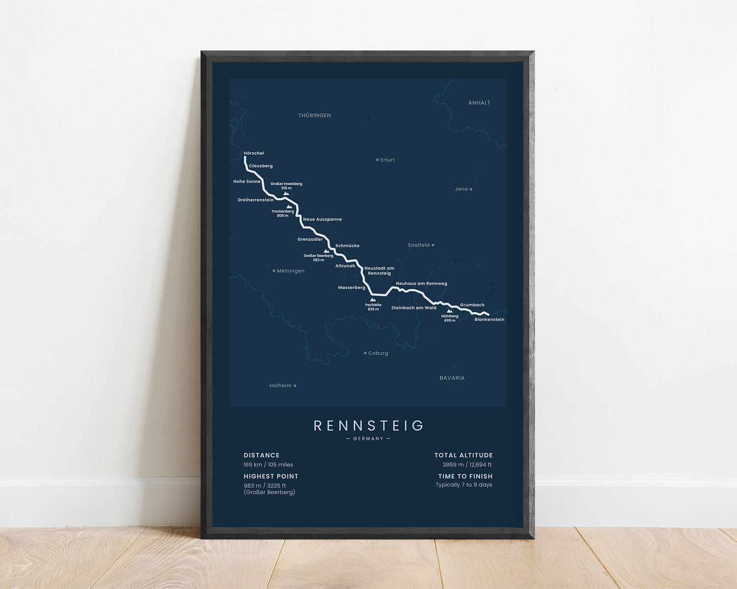 Rennsteig Trail (Thuringen) track wall map with blue background