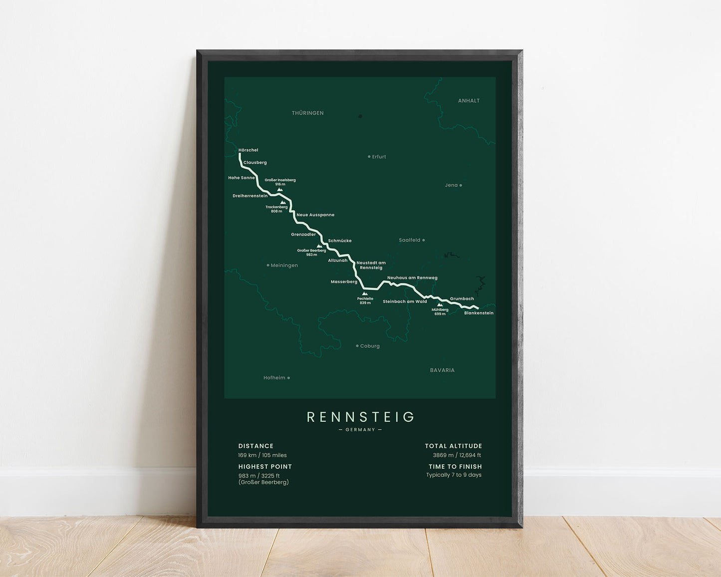 Rennsteig Trail (Franconian Forest) hike print with green background