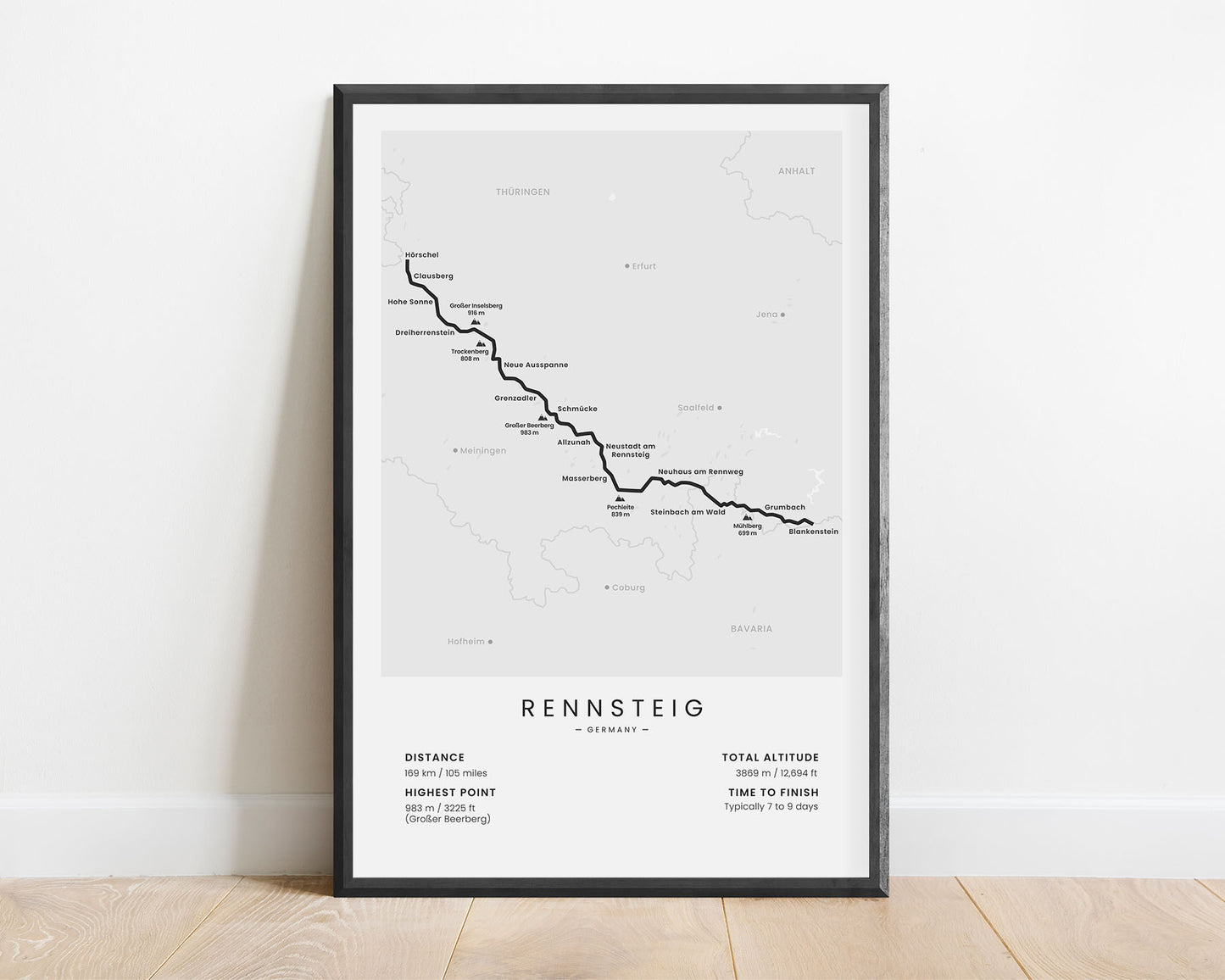 Rennsteig Trail (Germany) trek map art with white background