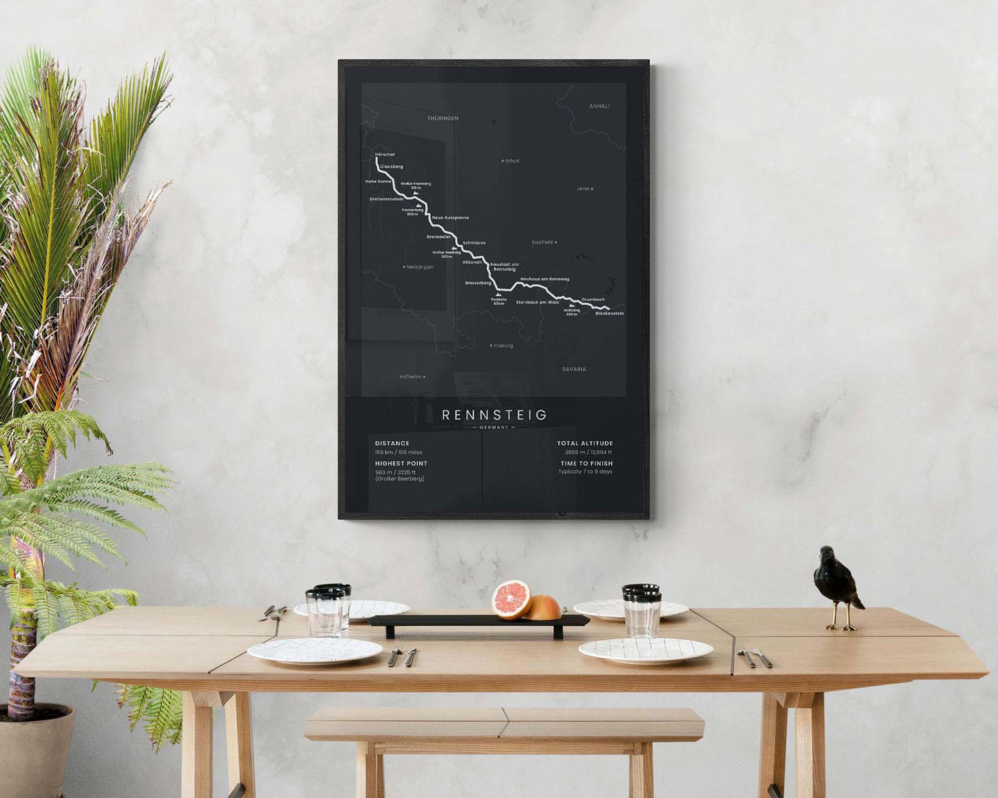 Rennsteig Trail (Thuringian Forest) trail map art in minimal room decor