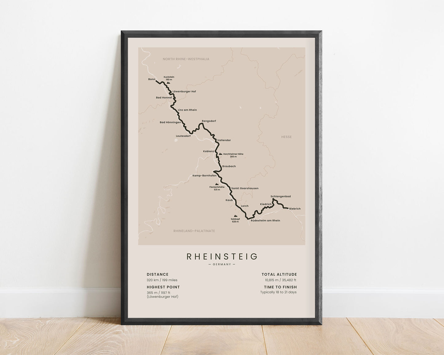 Rheinsteig Trail (Hesse) thru-hike wall map with beige background