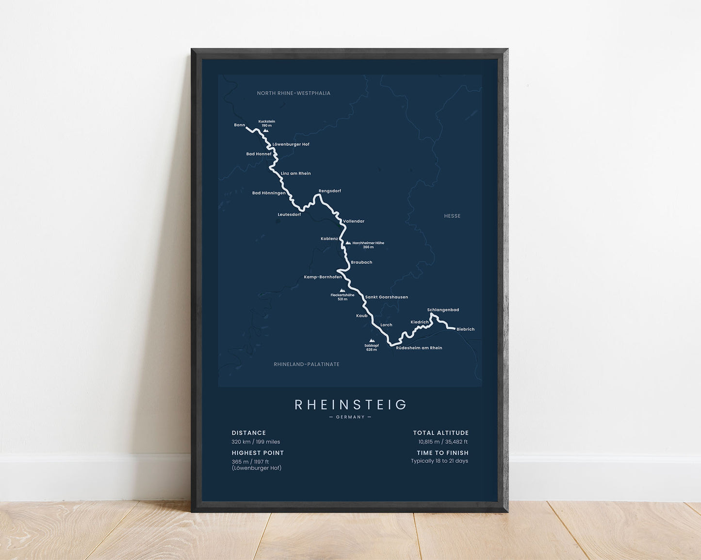 Rheinsteig Trail (Rhineland-Palatinate) route print with blue background