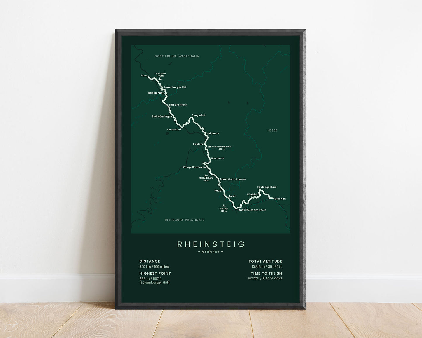 Rheinsteig Trail (Rhine river) trek map art with green background