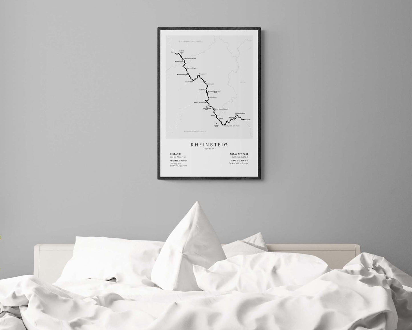 Rheinsteig Trail (Germany) path wall map in minimal room decor