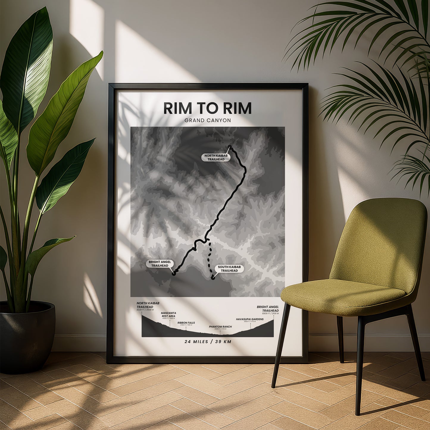 Rim To Rim North Kaibab To Bright Angel (United States) Elevation Map Wall Decor with Black Background