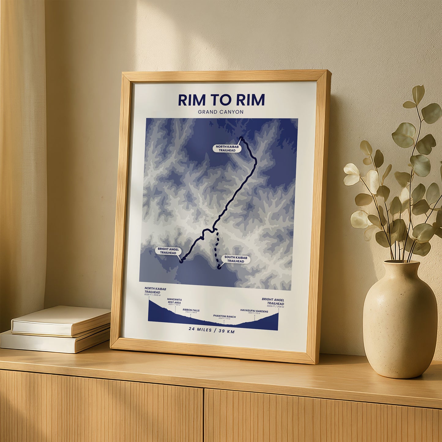 Rim To Rim North Kaibab To Bright Angel (Arizona) Shaded Relief Map Wall Art with Blue Background