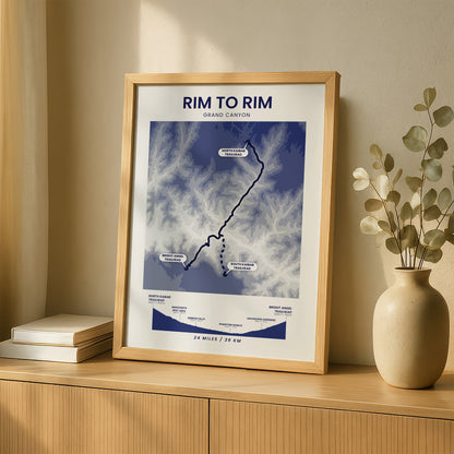 Rim To Rim North Kaibab To Bright Angel (Arizona) Shaded Relief Map Wall Art with Blue Background