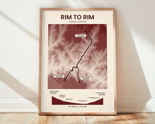 Rim To Rim North Kaibab To Bright Angel (Grand Canyon National Park) Topographic Map Poster Print with Red Background