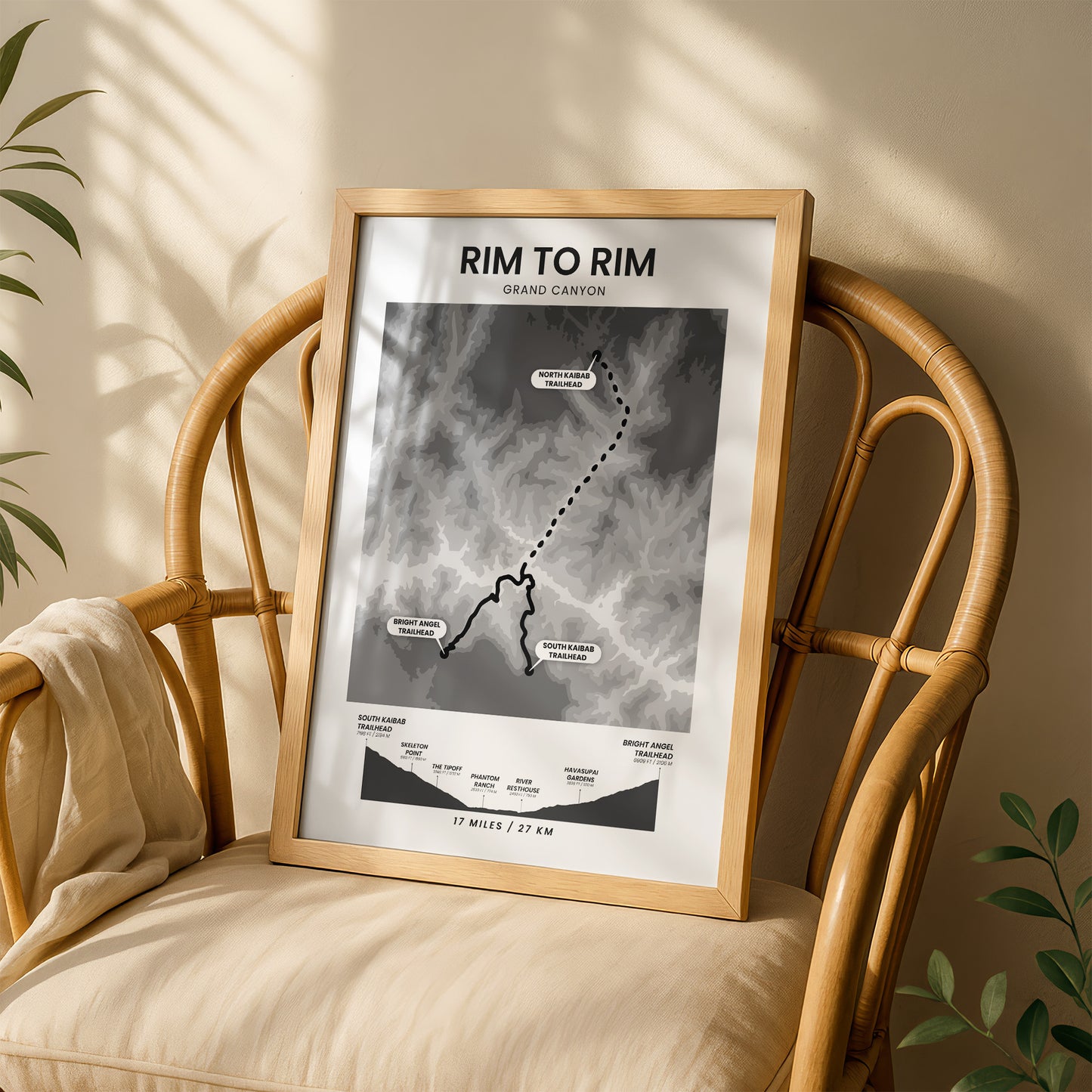 Rim To Rim South Kaibab To Bright Angel (United States) Elevation Map Wall Decor with Black Background