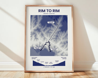 Rim To Rim South Kaibab To Bright Angel (Arizona) Shaded Relief Map Wall Art with Blue Background
