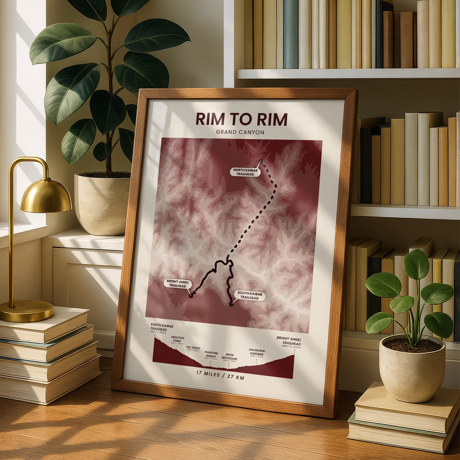 Rim To Rim South Kaibab To Bright Angel (Grand Canyon National Park) Topographic Map Poster Print with Red Background