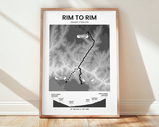 Rim To Rim South Kaibab To North Kaibab (United States) Elevation Map Wall Decor with Black Background