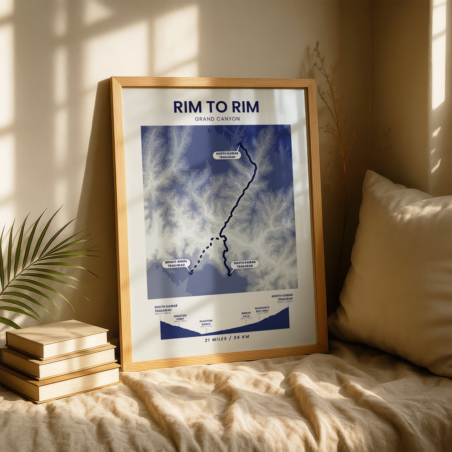 Rim To Rim South Kaibab To North Kaibab (Arizona) Shaded Relief Map Wall Art with Blue Background