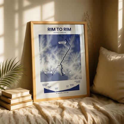 Rim To Rim South Kaibab To North Kaibab (Arizona) Shaded Relief Map Wall Art with Blue Background