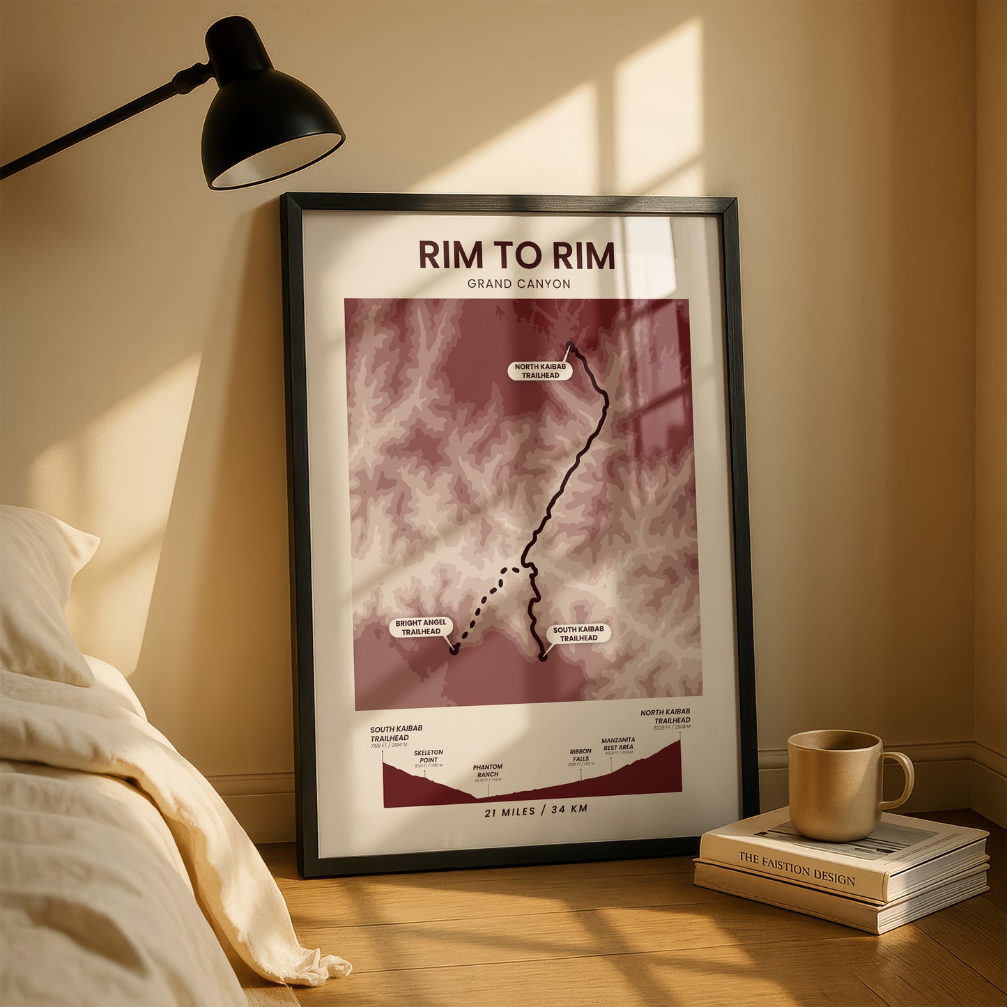 Rim To Rim South Kaibab To North Kaibab (Grand Canyon National Park) Topographic Map Poster Print with Red Background