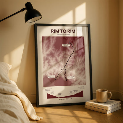 Rim To Rim South Kaibab To North Kaibab (Grand Canyon National Park) Topographic Map Poster Print with Red Background