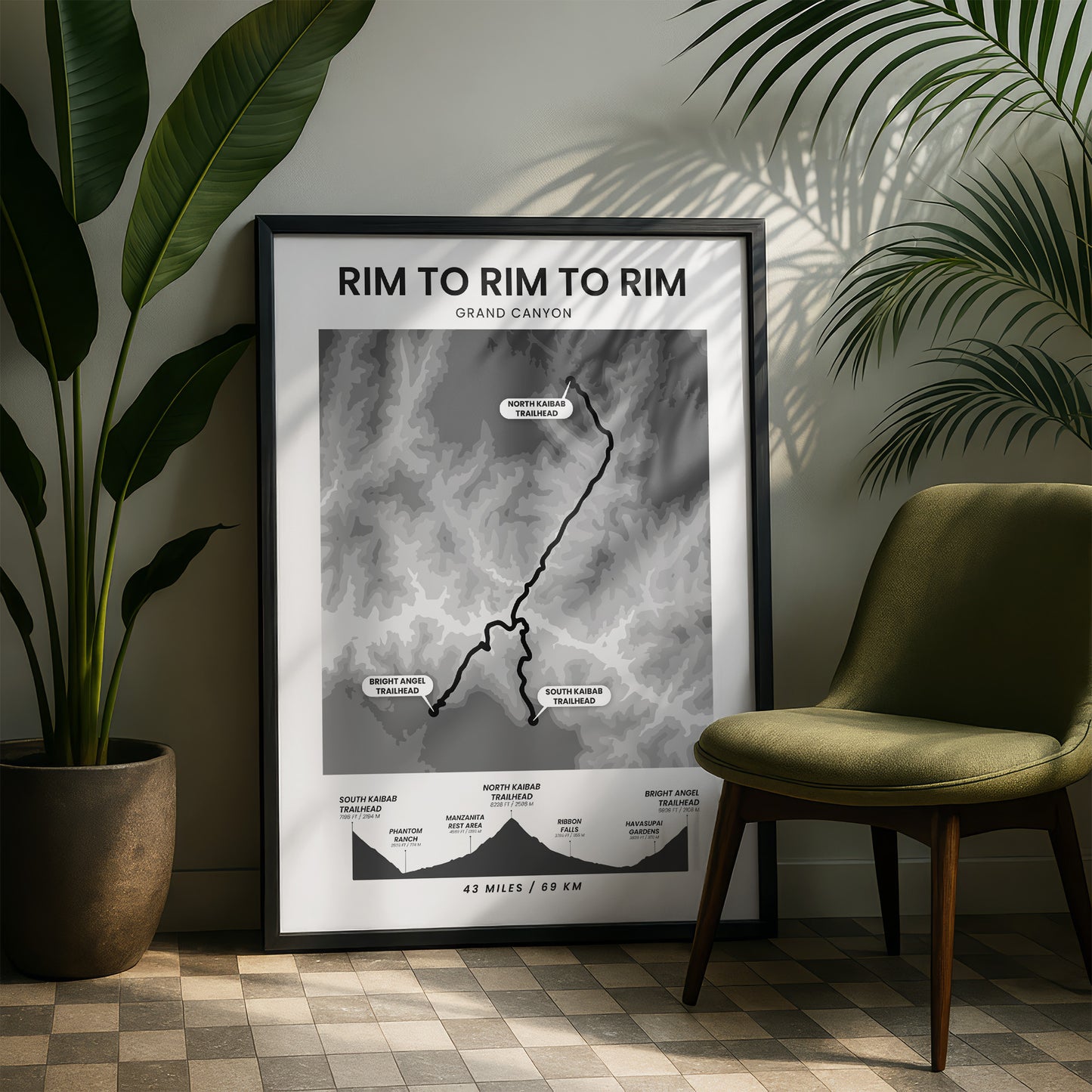 Rim To Rim To Rim (Arizona) Elevation Map Wall Decor with Black Background