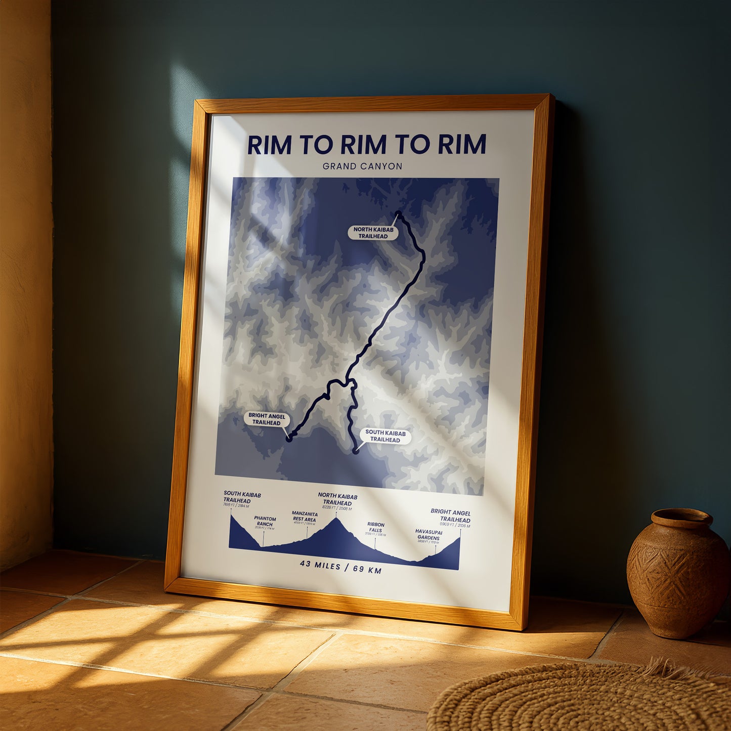 Rim To Rim To Rim (South Rim To North Rim To South Rim) Shaded Relief Map Wall Art with Blue Background