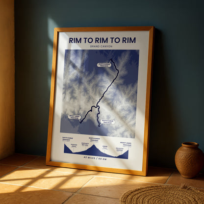 Rim To Rim To Rim (South Rim To North Rim To South Rim) Shaded Relief Map Wall Art with Blue Background