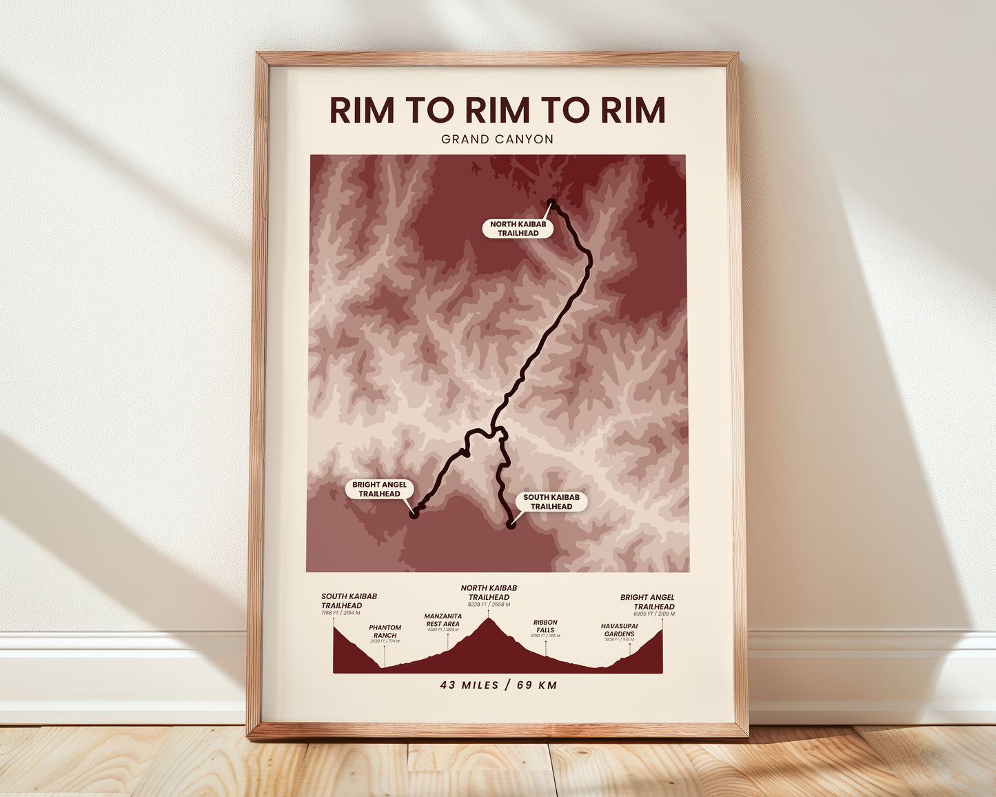 Rim To Rim To Rim (Grand Canyon National Park) Topographic Map Poster Print with Red Background