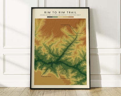 Grand Canyon Hike (North Kaibab to Grand Canyon Village) Route Wall Art with Realistic Green Background