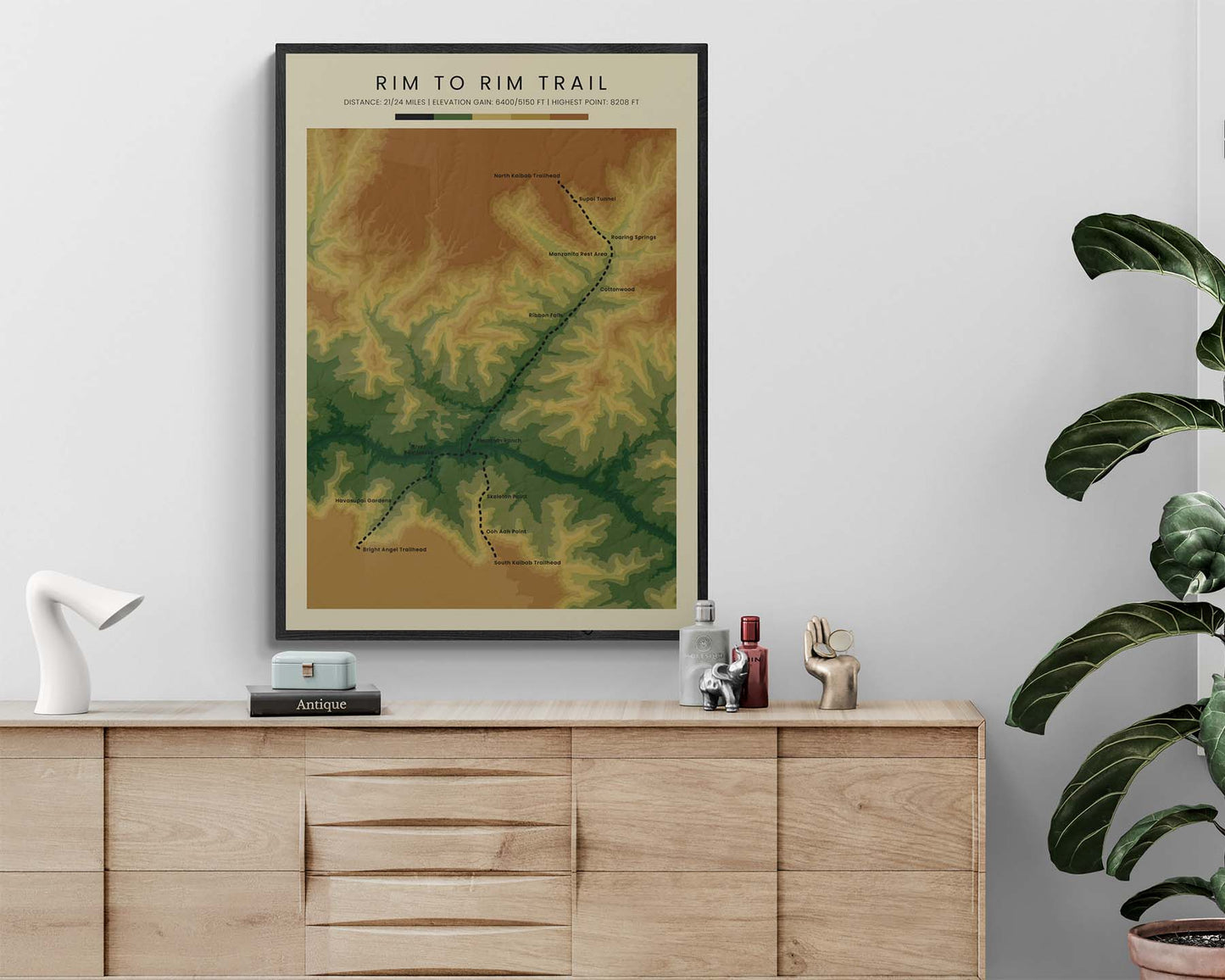 Grand Canyon Hike (United States, Arizona) Walk Wall Art with Topographic Map in Modern Room Decor