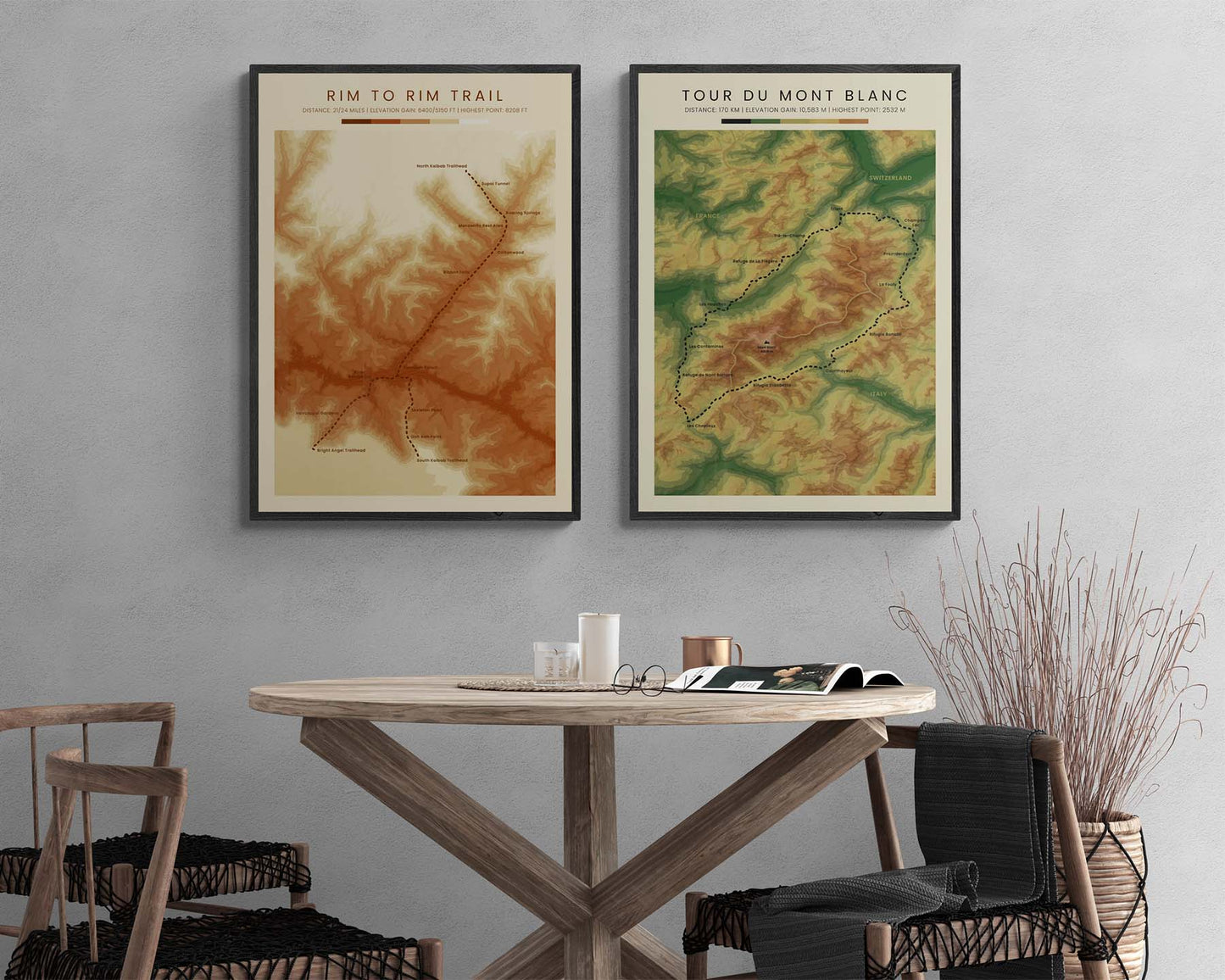 Rim to Rim (North to South Rim) Hike Path Wall Decor with Shaded Relief Map in Modern Interior