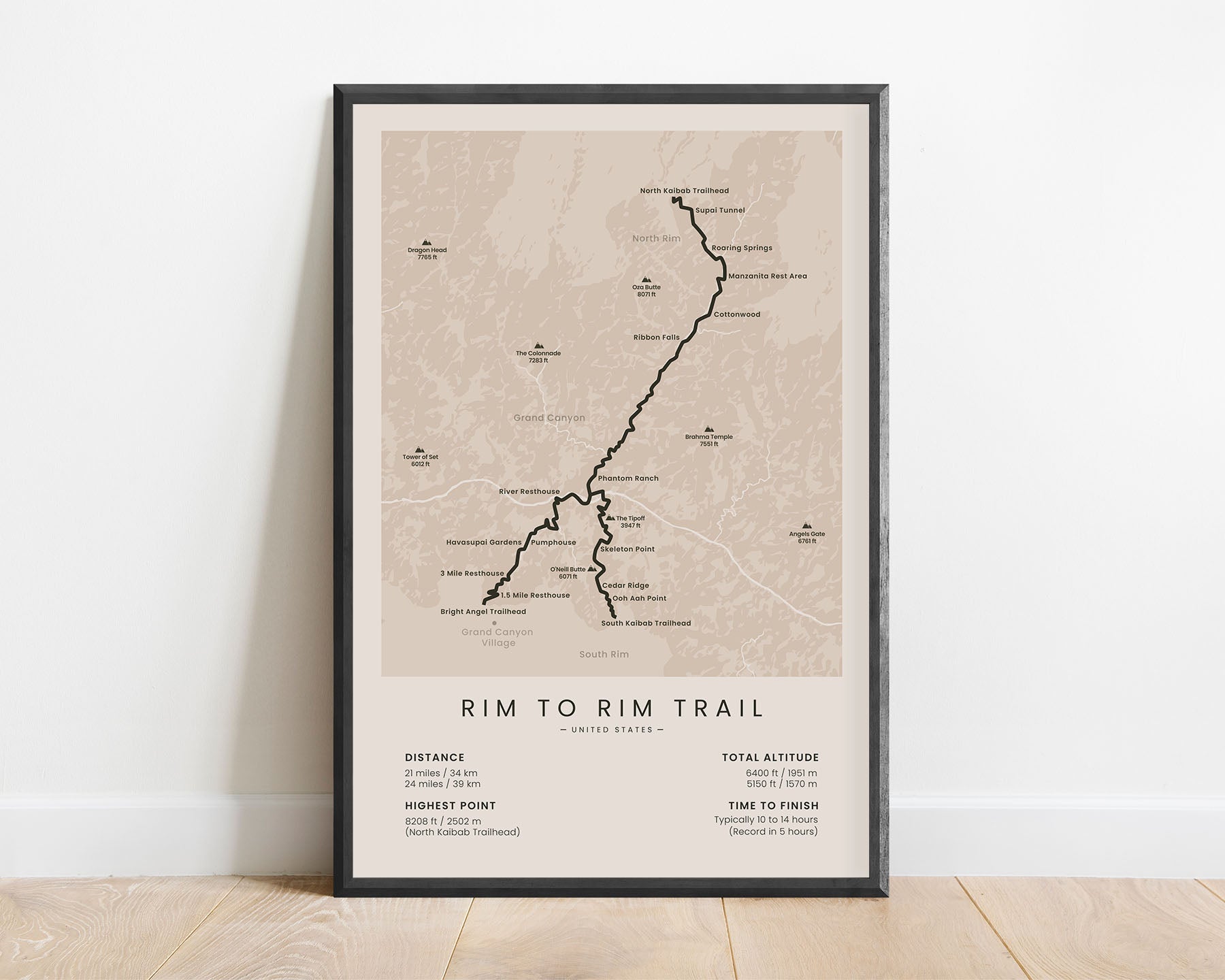 R2R (North Kaibab to Grand Canyon Village, United States, Arizona, North Kaibab to South Kaibab) Hike Wall Map with Beige Background