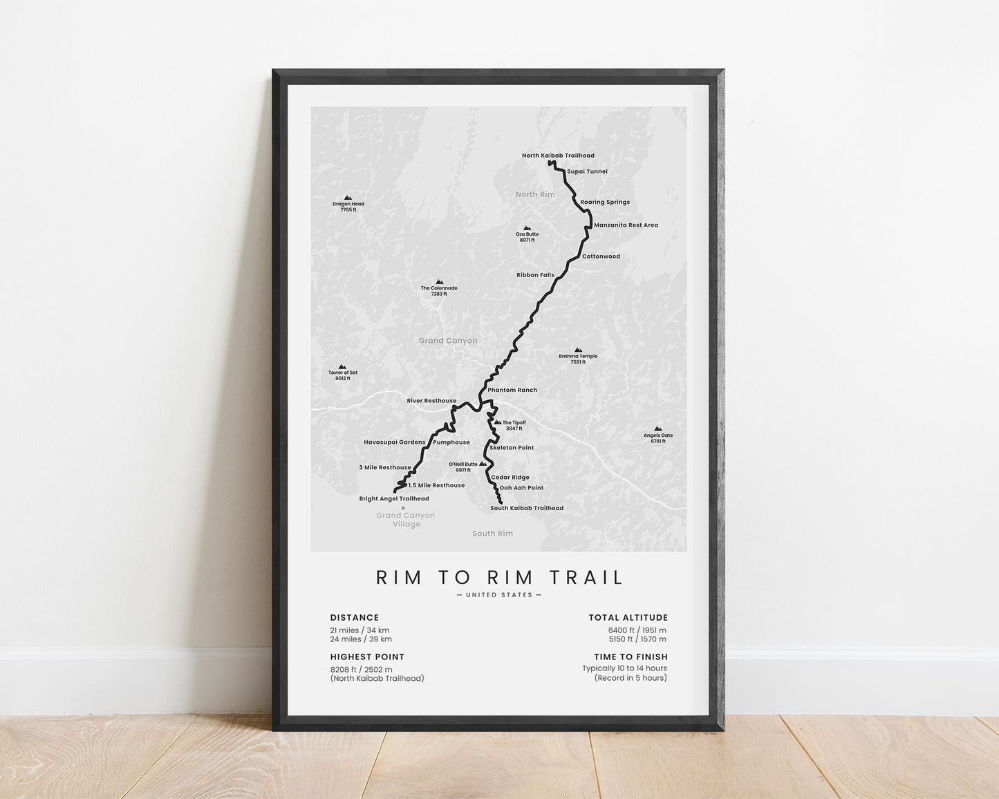 Grand Canyon Hike (United States, Arizona, North Kaibab to Bright Angel Trailhead, North to South Rim) Route Poster with White Background